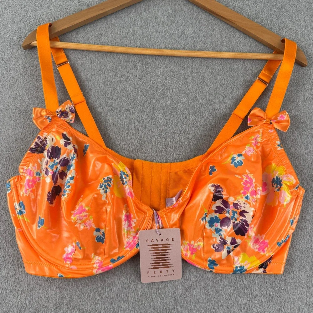 Savage X Fenty Bra Womens 38H Orange Floral Unlined Underwire Bows Lingerie